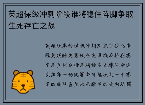英超保级冲刺阶段谁将稳住阵脚争取生死存亡之战